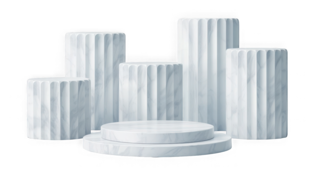Marble podium and pedestals for product display with classical design isolated on transparent background