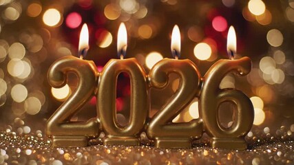 This captivating video showcases golden numeral candles brightly burning, forming the year "2026," set against a luxurious backdrop of sparkling glitter and shimmering, warm bokeh lights. The scene ev