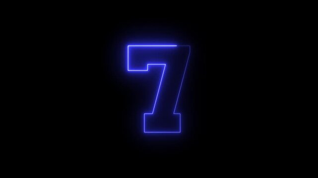 glowing neon text blue 7 number countdown icon animation,abstract neon text 7 number countdown icon animation on black background,neon numbers, Bright neon glowing number 7