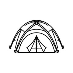 Simple black and white line art icon of a dome style camping tent isolated on