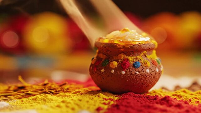 Steaming Clay Pot with Traditional Decorations and Colorful Powders