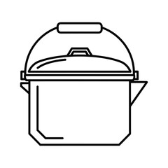 Outline icon of a camping cooking pot with a bail handle and lid, isolated on