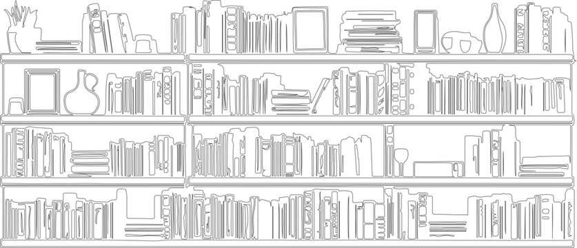 set of silhouettes of a book shelves with various geometric lines or hand drawn sketch art.