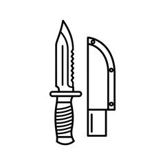 Outline icon of a combat survival knife with serrated edge and sheath isolated on