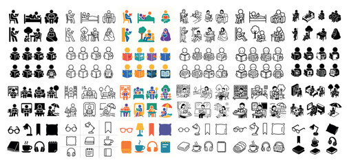 Diverse icons of people reading and relaxing activities