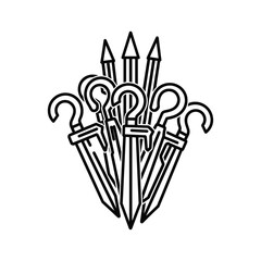 Group of closed umbrellas with hooked handles standing upright, simple black and white line art icon isolated on