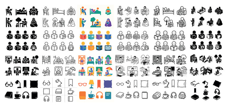 Diverse icons of people reading and relaxing activities