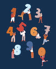 Cartoon vector illustration of people holding numbers from 0 to 9 symbolizing counting, teamwork, and learning against dark background