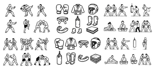 Obraz premium Martial arts training icons and equipment illustrations