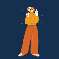 Cartoon vector illustration of a woman looking through a magnifying glass symbolizing investigation, curiosity, and attention to detail against dark background