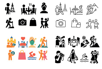 Travel and leisure icons with diverse activities