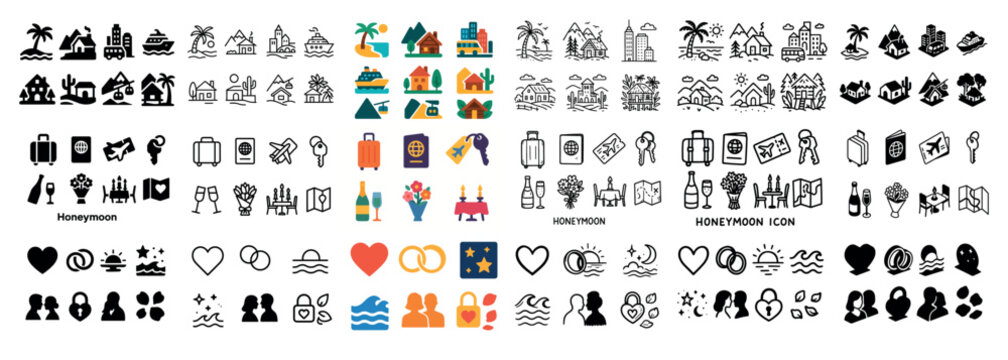 Honeymoon icons collection for travel and romance