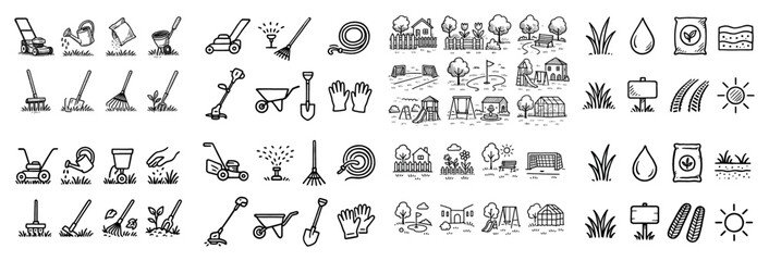 Hand-drawn garden tools and landscape icons set