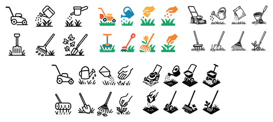 Lawn care icons set: tools and equipment illustrations