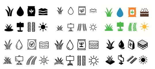 Naklejka premium Gardening icons set: plants, sun, water, soil designs