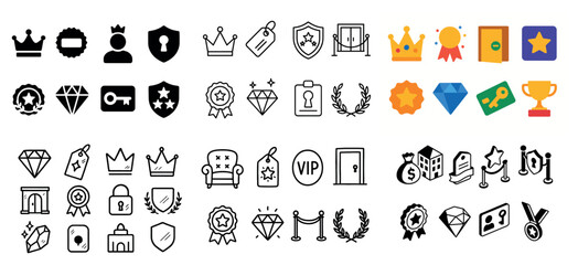 Fototapeta premium Crown and badge icon set with laurel and diamond
