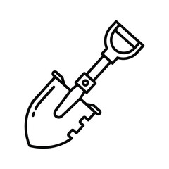 Black and white line art icon of a garden shovel or spade tool for digging, isolated on