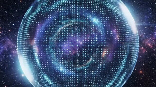 Abstract digital sphere glowing with intricate patterns against a cosmic backdrop
