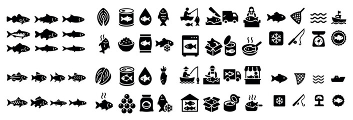 Fish icon set featuring seafood and fishing symbols
