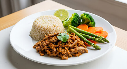 A healthy and colorful plate of food with various vegetables, rice, and protein.