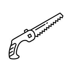 Simple black and white line art icon of a small hand saw for cutting wood or material, isolated on