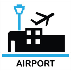 Airport building icon with airplane taking off and control tower aircraft travel