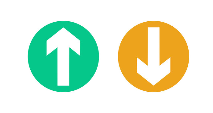 Arrow up and down icons. Low or high icon. Price, sale, rate or profit going up or down symbol with arrow sign with turquoise and yellow colors. Vector illustration