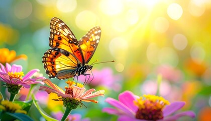 Fototapeta premium Butterfly on colorful flowers, with bokeh sun flares in the background. Warm and vibrant