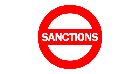 Red text SANCTIONS inside circular stamp isolated on transparent background. Vector symbol, sign. Global trade bans, government restrictions, tariffs, financial blockade, economic warfare