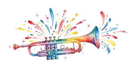Colorful Trumpet with Bright Splash of Paint on White Background