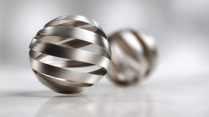 Decorative metallic spheres wrapped in textured bands on a light background