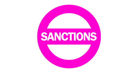 Pink text SANCTIONS inside circular stamp isolated on transparent background. Vector symbol, sign. Global trade bans, government restrictions, tariffs, financial blockade, economic warfare