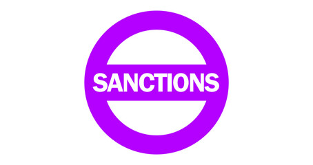 Purple text SANCTIONS inside circular stamp isolated on transparent background. Vector symbol, sign. Global trade bans, government restrictions, tariffs, financial blockade, economic warfare
