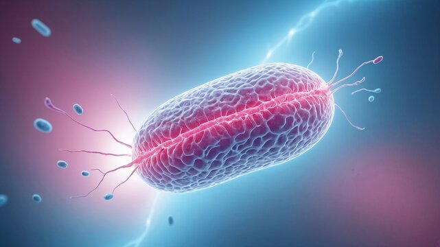 Detailed microscopic view of glowing bacterium with flagella in blue and pink light - Powered by Adobe