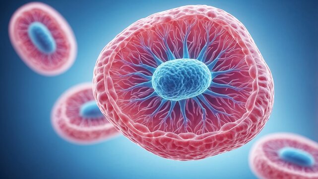 Microscopic cross-section of a biological cell with pink membrane and blue core