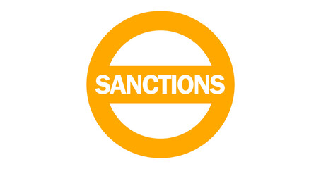 Yellow text SANCTIONS inside circular stamp isolated on transparent background. Vector symbol, sign. Global trade bans, government restrictions, tariffs, financial blockade, economic warfare