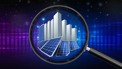 A magnifying glass focusing on city buildings and solar panels, a concept representing research, investment, and analysis of sustainable urban renewable energy technology