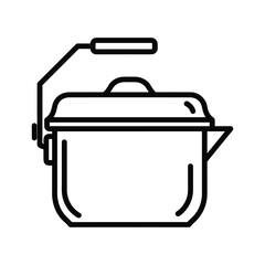 Simple black and white line icon illustration of a camping kettle or teapot with a hinged handle isolated on