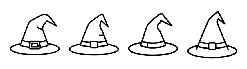 Obraz premium Four black outline witch hats for halloween and magic design themes.