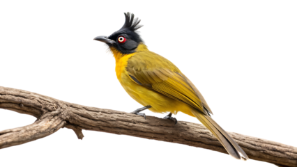 Beautiful black-crested bulbul perched on a branch, cut out on PNG, isolated. AI GENERATED.