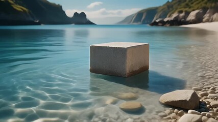 Realistic cube video stand for advertising on a tranquil beach with clear blue water