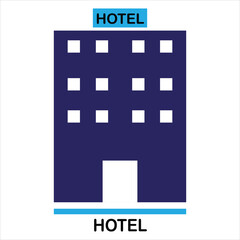 Blue hotel building icon with text HOTEL on white background architecture lodging