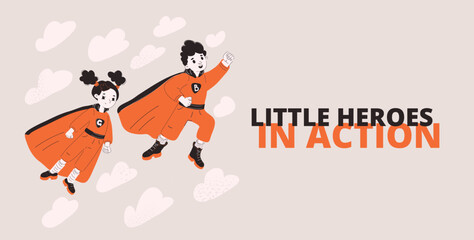 Cartoon vector illustration of a boy and girl as child superheroes flying in the sky, symbolizing imagination and adventure © iracosma
