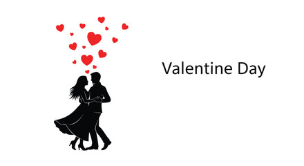 Silhouette of dancing couple with floating red hearts for valentine's day celebration design concept