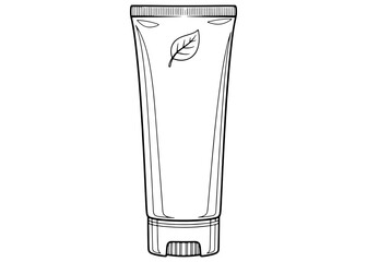 Cosmetic tube with leaf icon vector illustration. Organic skin care lotion or cream container sketch. Eco friendly plastic packaging isolated on white background.