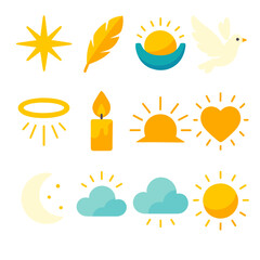 Celestial Dawn Icons. Celestial Dawn flat icon set : radiant star, feather, cradle, dove, halo ring, candle flame, sunrise beam, glowing heart, moonlight, soft cloud, golden aura