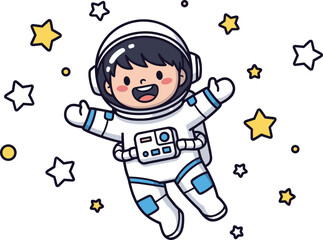 Cute cartoon child astronaut floating in space with stars in fun vector illustration, perfect for kids’ designs and education themes