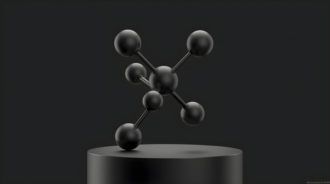 Minimalist 3D render of black molecular atom structure on dark grey background - Powered by Adobe
