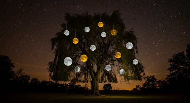 Magical Moonlit Willow Tree Scene with Glowing Orbs