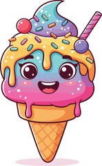 Cute colorful cartoon ice cream cone with smiling face, dripping sauce, sprinkles and straw in fun kawaii vector illustration for kids
